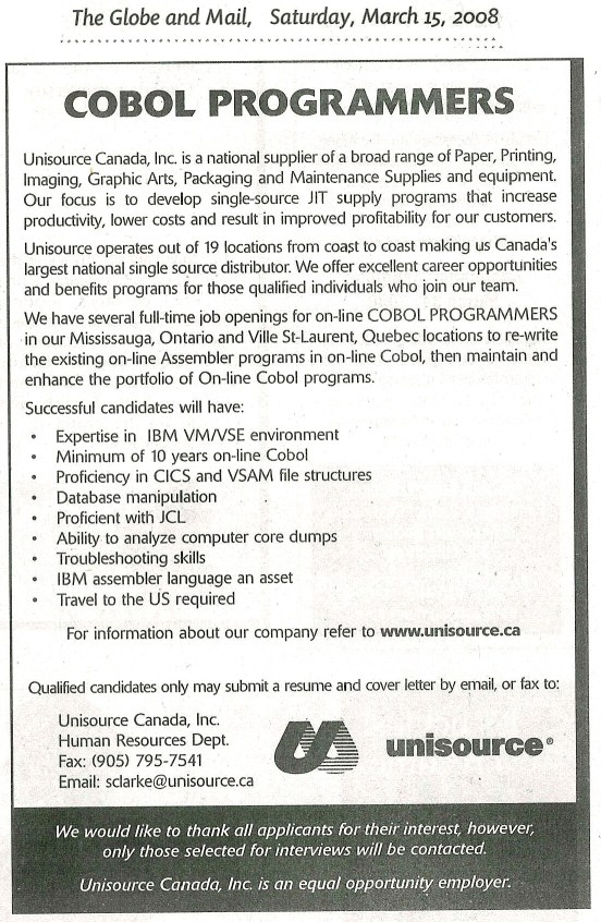 Ad for COBOL Programmers